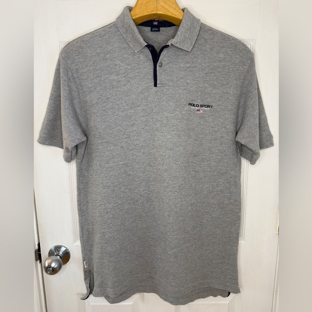 Vintage Polo Sport Ralph Lauren Gray Short Sleeve Polo Shirt USA Flag - Medium